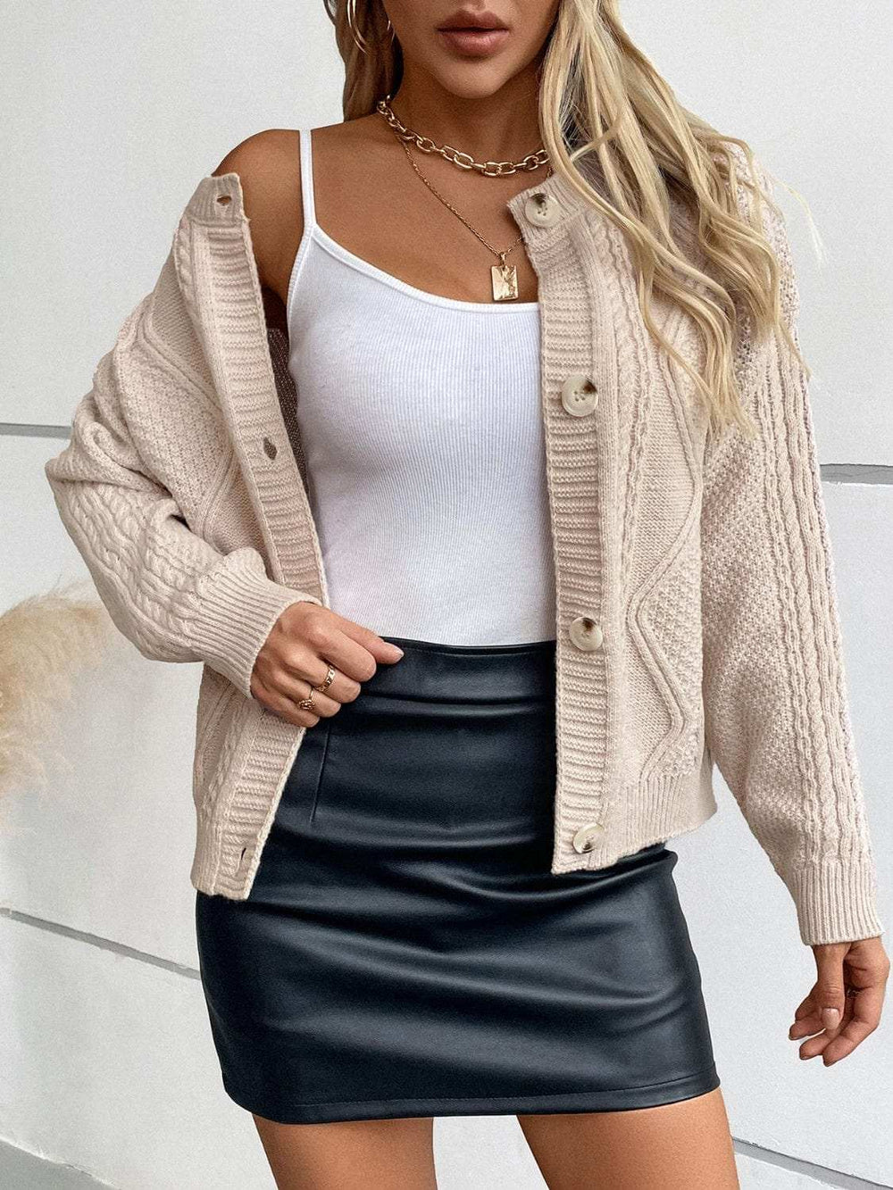 Cable-Knit Round Neck Button Up Cardigan - Trendsi - Flyclothing LLC