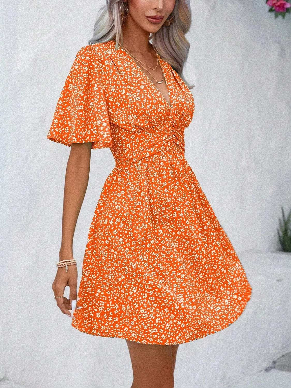 Printed V-Neck Half Sleeve Mini Dress - Trendsi - Flyclothing LLC