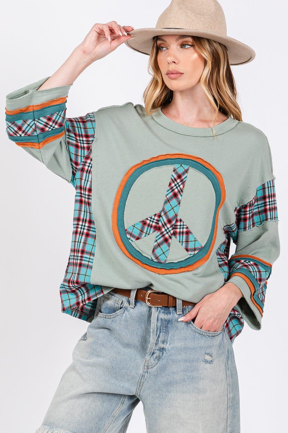 SAGE + FIG Peace Applique Patch Contrast Plaid Top - Trendsi