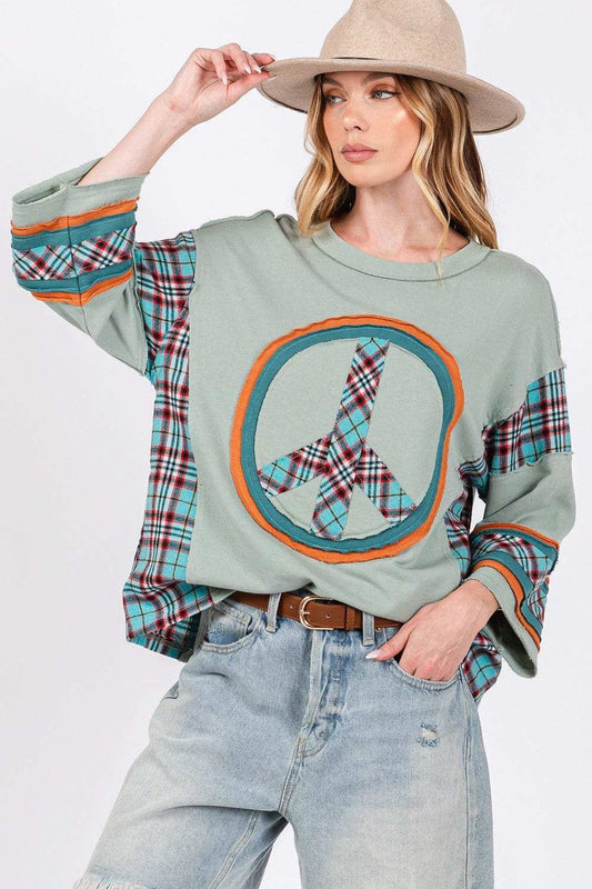 SAGE + FIG Peace Applique Patch Contrast Plaid Top - Trendsi - Flyclothing LLC