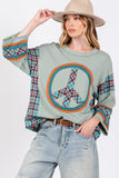 SAGE + FIG Peace Applique Patch Contrast Plaid Top - Trendsi