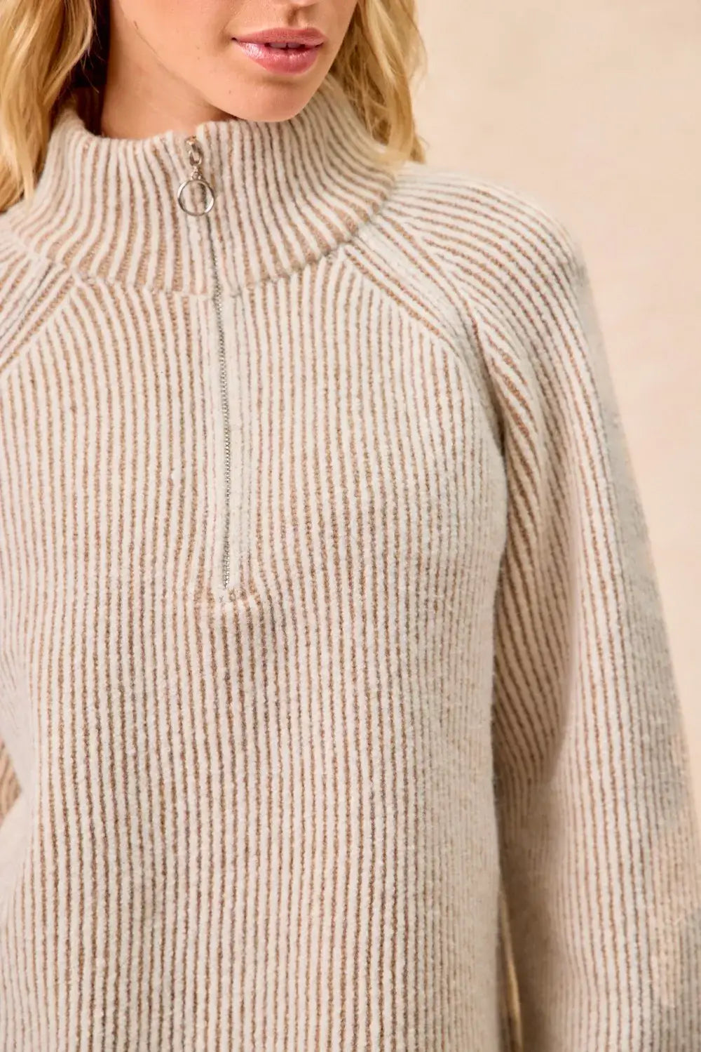 BiBi Two Tone Rib Texured Knit Collared Top with Zip Up - Trendsi - Flyclothing LLC