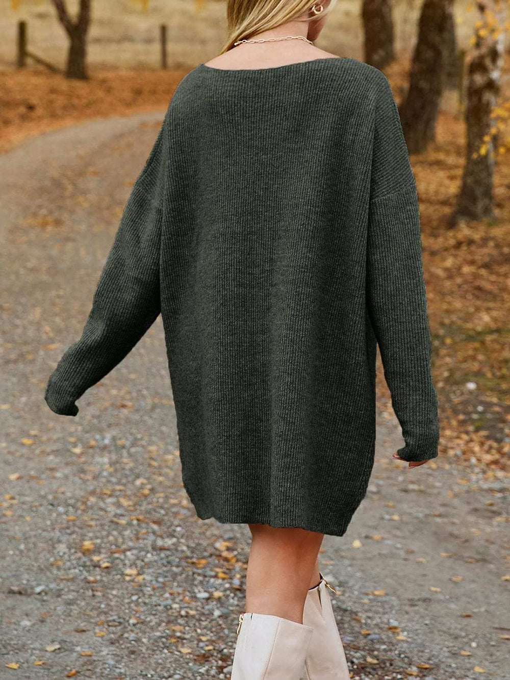 V-Neck Dropped Shoulder Sweater Dress - Trendsi - Flyclothing LLC