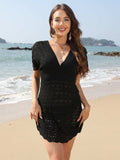 Openwork Plunge Short Sleeve Cover-Up Dress - Trendsi - Flyclothing LLC