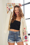 ADORA Full Size Contrast Crochet Open Front Long Sleeve Cardigan - Trendsi
