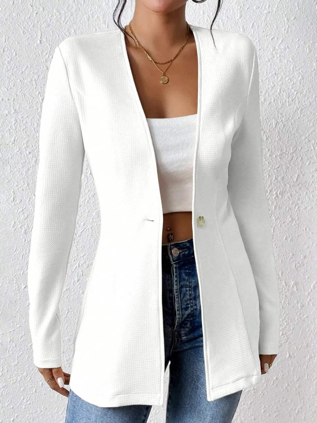 One Button Long Sleeve Blazer - Trendsi - Flyclothing LLC