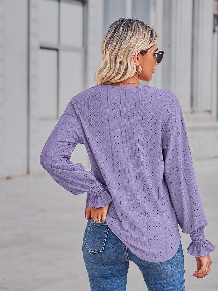 V-Neck Eyelet Flounce Sleeve Blouse - Trendsi - Flyclothing LLC