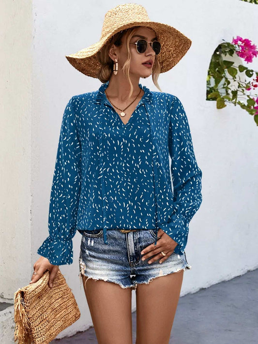 Ruffled Printed Tie Neck Long Sleeve Blouse - Trendsi - Flyclothing LLC