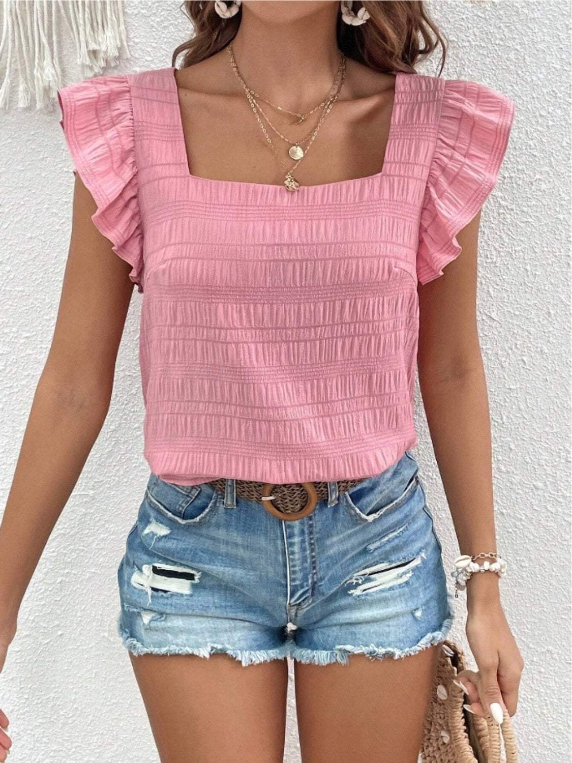 Ruffled Square Neck Cap Sleeve Blouse - Trendsi - Flyclothing LLC