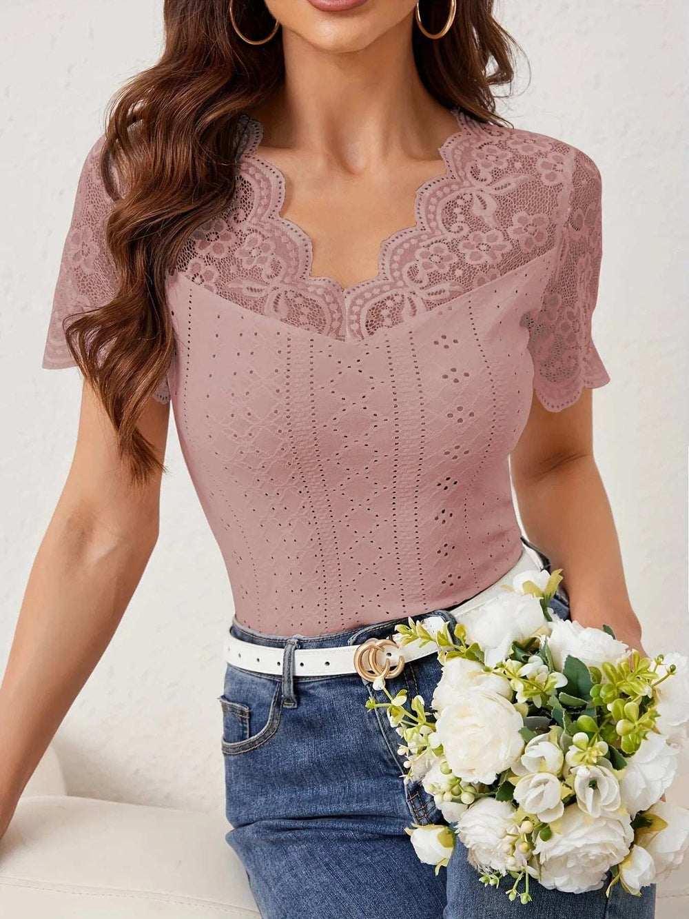 Lace Trim Eyelet Embroidered Summer T-Shirt - Trendsi - Flyclothing LLC