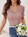 Lace Trim Eyelet Embroidered Summer T-Shirt - Trendsi - Flyclothing LLC