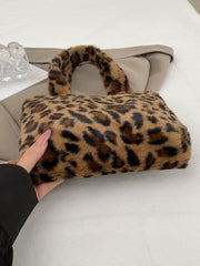 Leopard Fluff Handbag with Zip - Trendsi