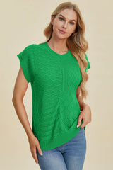Double Take Full Size Cable-Knit Round Neck Cap Sleeve Sweater - Trendsi - Flyclothing LLC