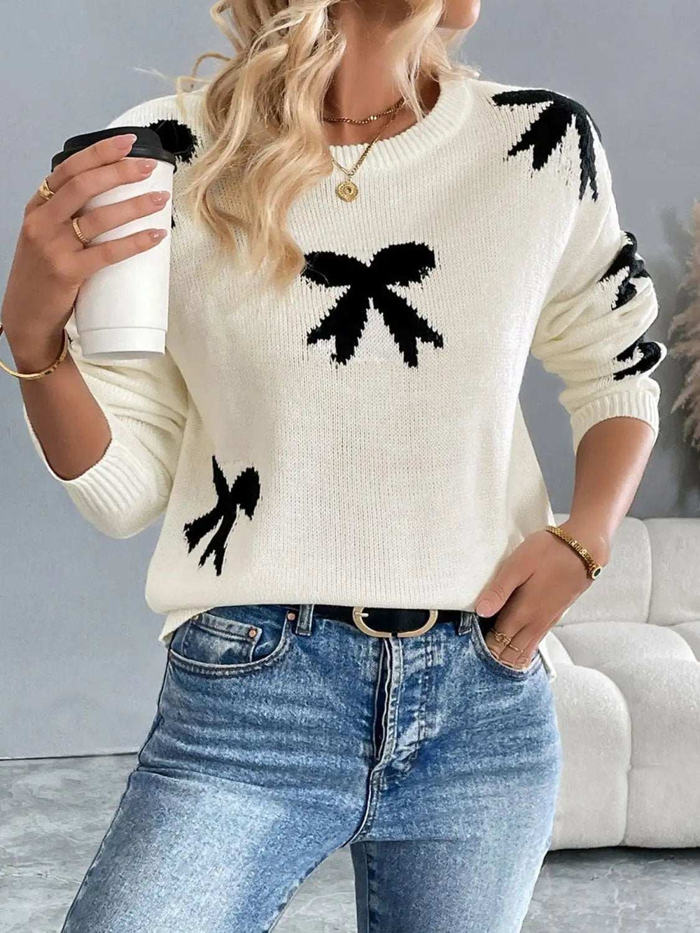 Perfee Bow Graphic Round Neck Long Sleeve Sweater - Trendsi - Flyclothing LLC