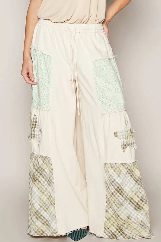 POL Drawstring Star Patch Contrast Wide Leg Pants - Trendsi - Flyclothing LLC