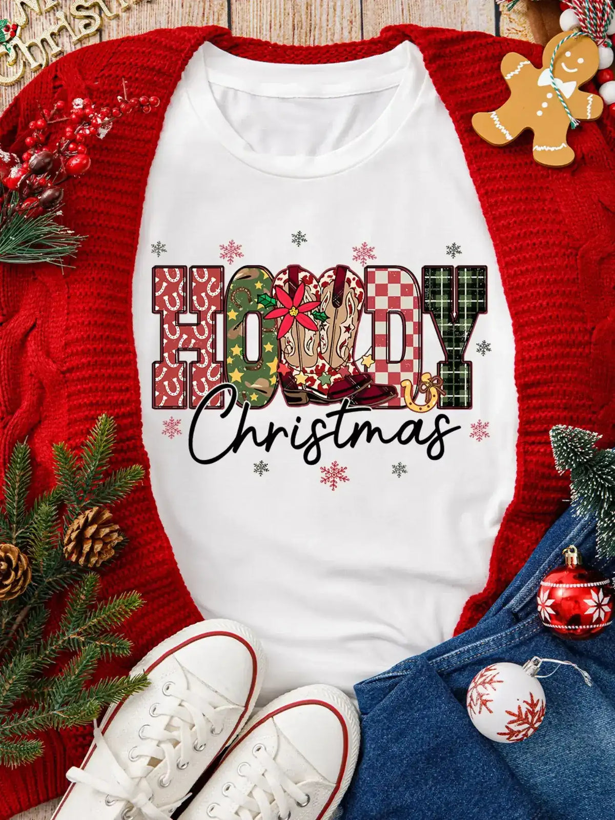 HOWDY Christmas Festive Letter Printed Crew Neck T Shirt - Trendsi - Flyclothing LLC