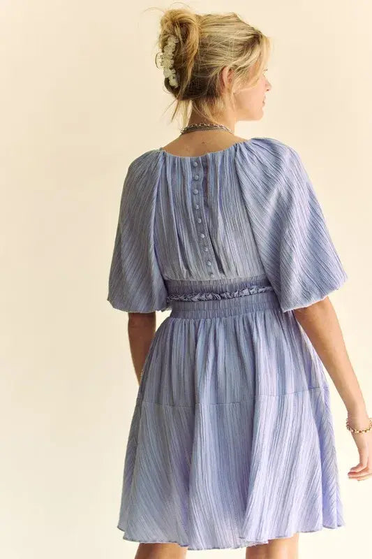 Davi & Dani Back Button Puff Sleeve Mini Dress - Trendsi - Flyclothing LLC