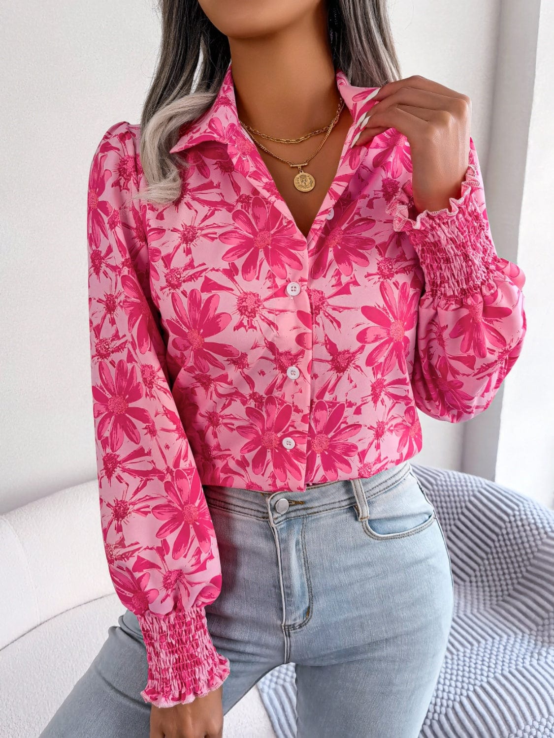 Floral Collared Neck Long Sleeve Shirt - Trendsi