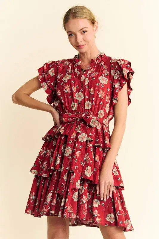 Davi & Dani Ruffle Flutter Sleeve Tie Belt Tiered Mini Dress - Trendsi - Flyclothing LLC
