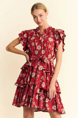 Davi & Dani Ruffle Flutter Sleeve Tie Belt Tiered Mini Dress - Trendsi - Flyclothing LLC