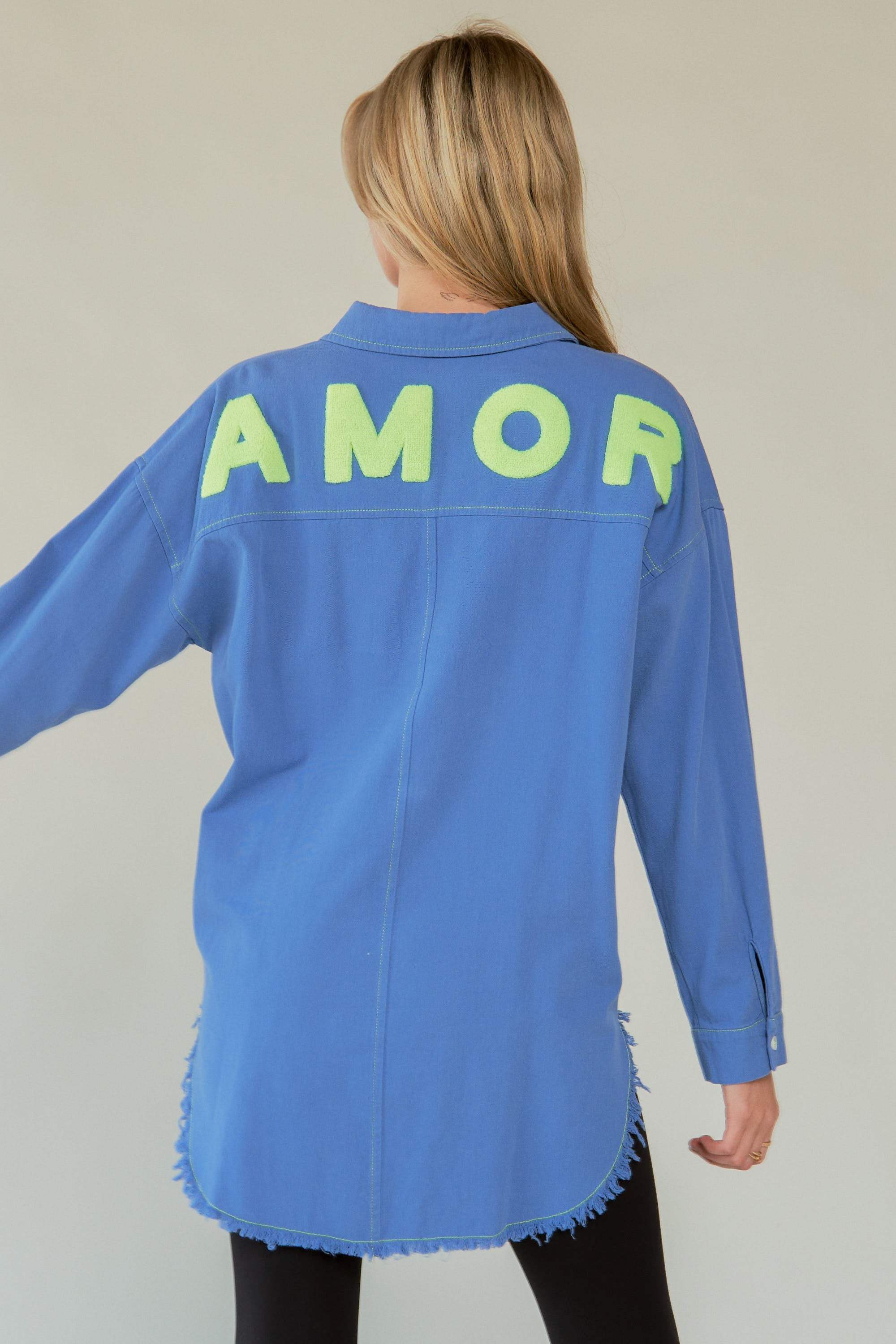 Davi & Dani Letter Back Raw Hem Half Button Shirt - Trendsi - Flyclothing LLC
