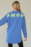 Davi & Dani Letter Back Raw Hem Half Button Shirt - Trendsi