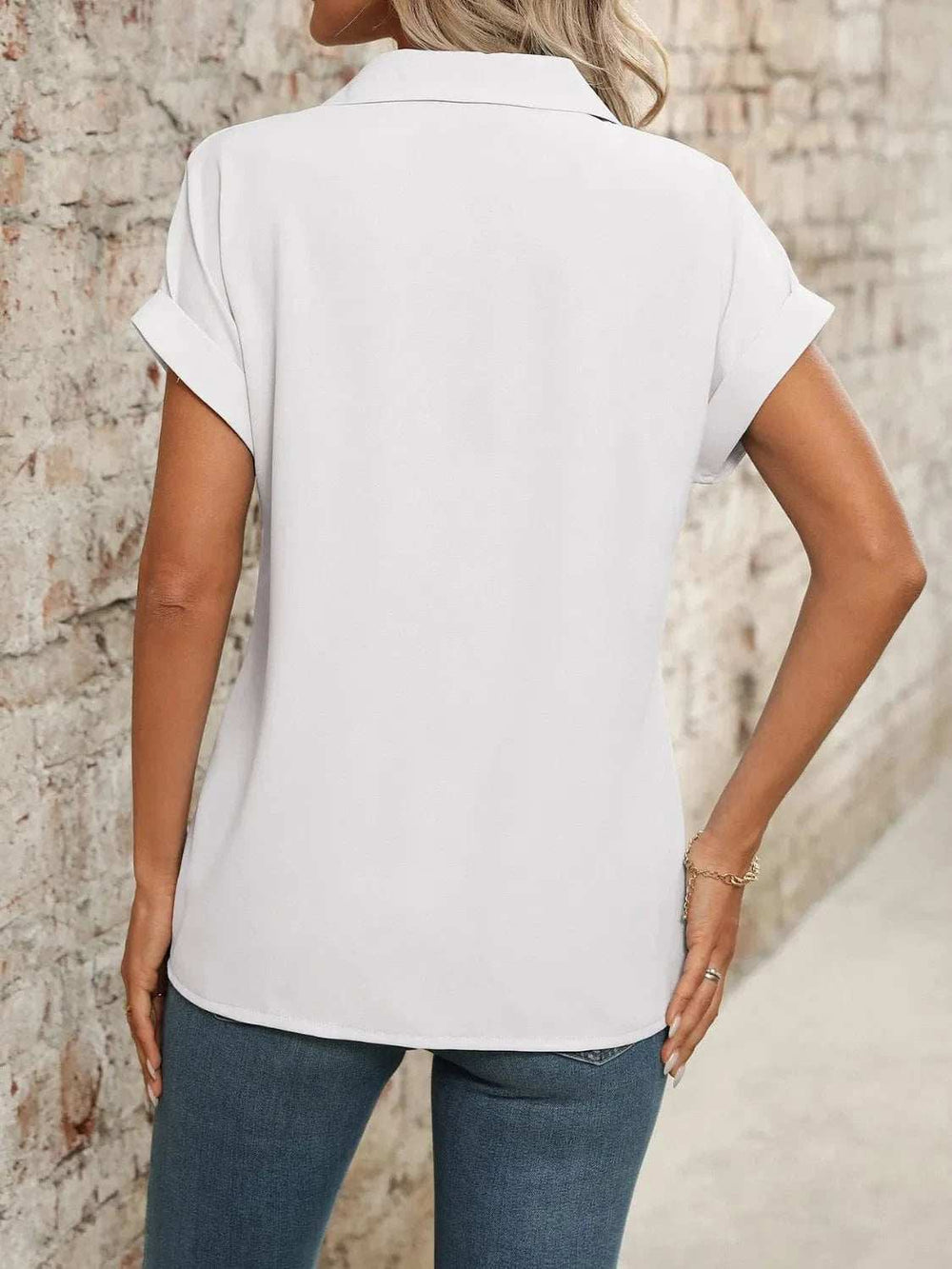 Collared Neck Short Sleeve Blouse - Trendsi - Flyclothing LLC