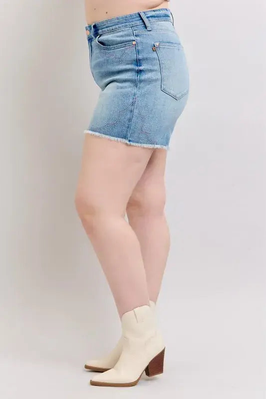 Judy Blue Full Size High Waist Western Embroidery Detail Cut Off Denim Shorts Plus Size - Trendsi - Flyclothing LLC