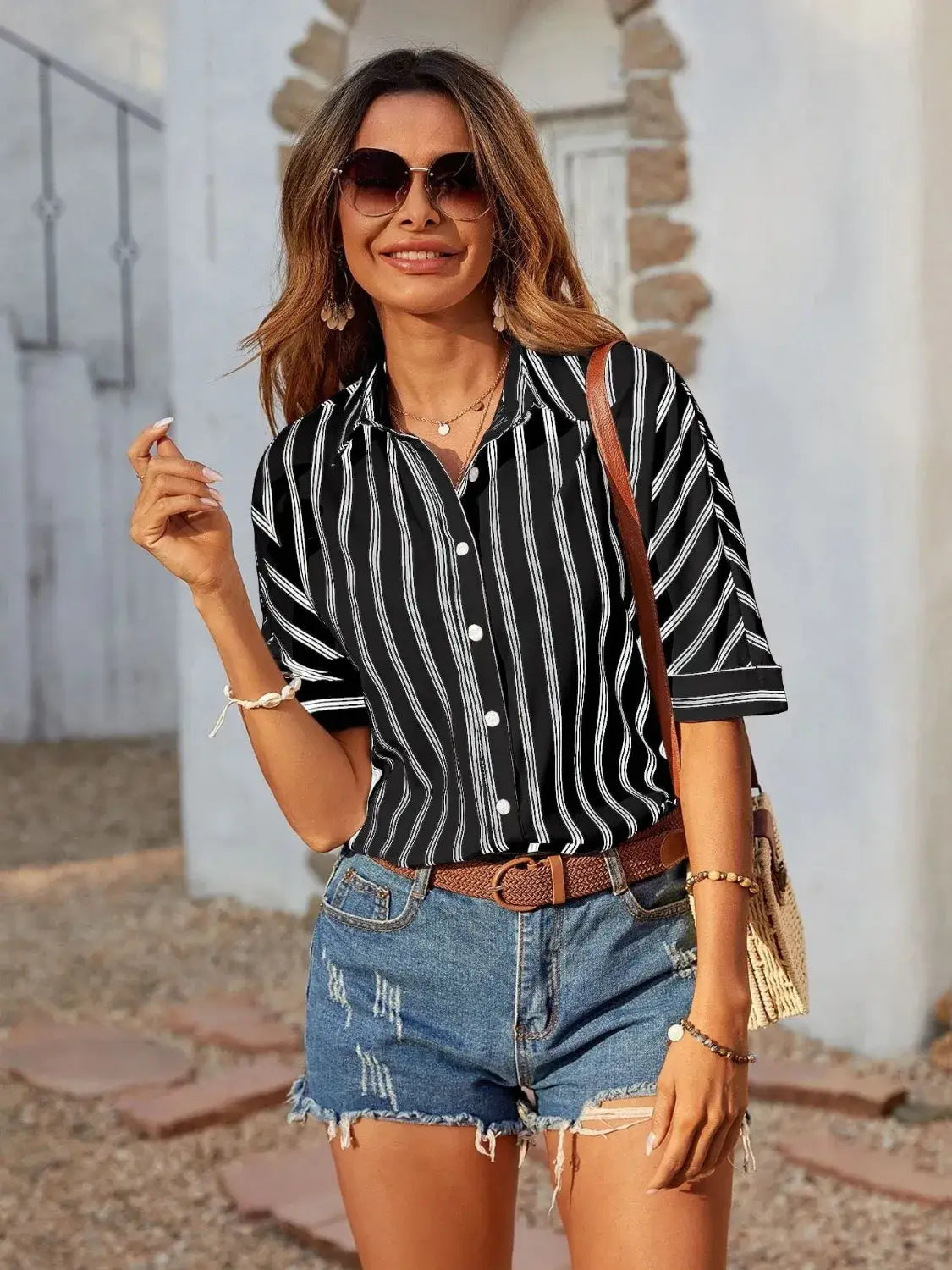 Striped Collared Neck Half Sleeve Shirt - Trendsi - Flyclothing LLC