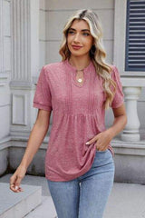 Notched Short Sleeve Solid Color Top - Trendsi - Flyclothing LLC