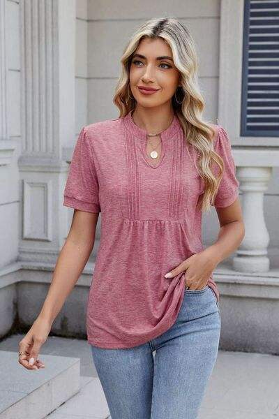 Notched Short Sleeve Solid Color Top - Trendsi - Flyclothing LLC
