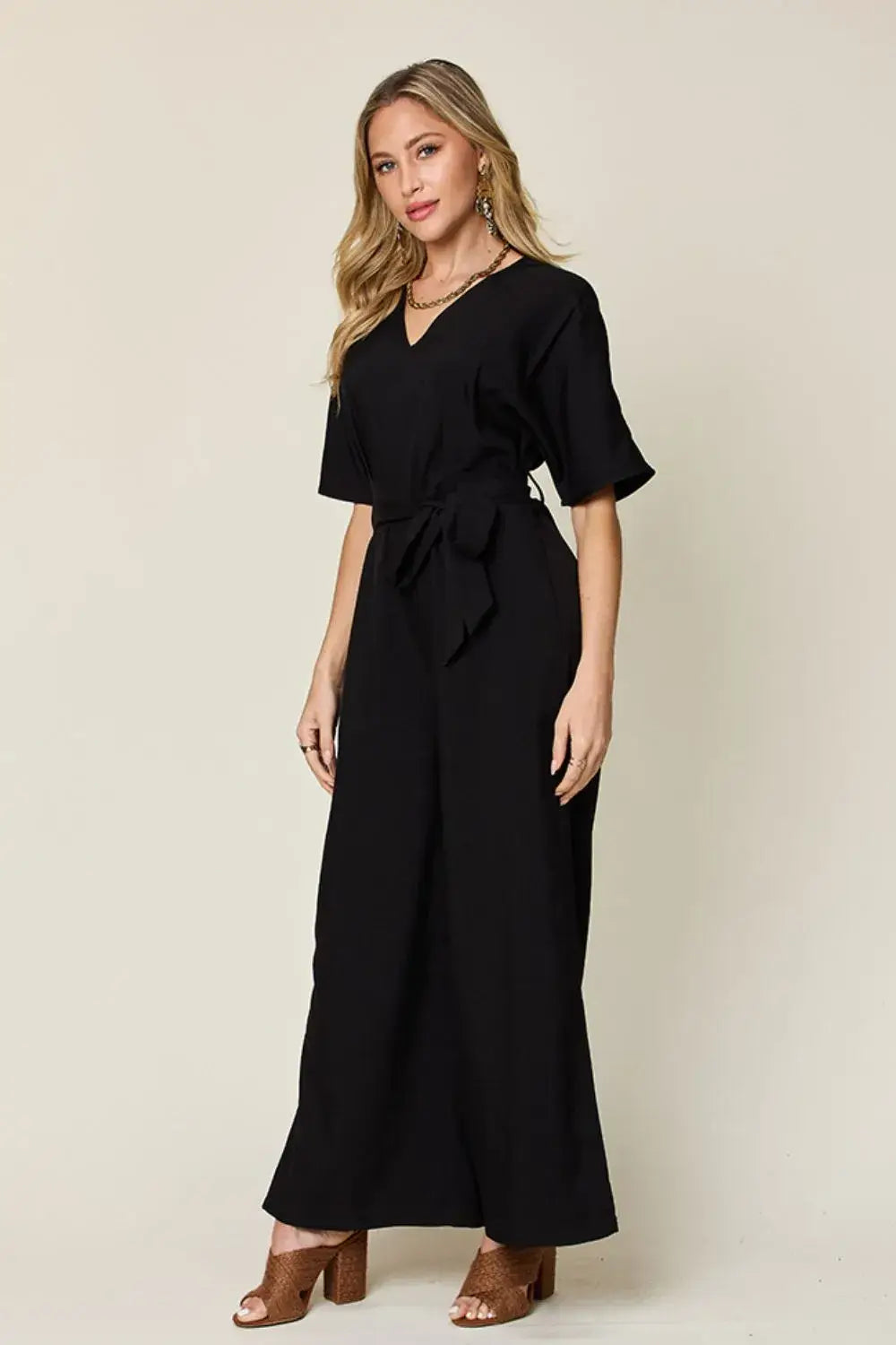 Double Take Full Size V-Neck Tied Side Slit Jumpsuit - Trendsi - Flyclothing LLC