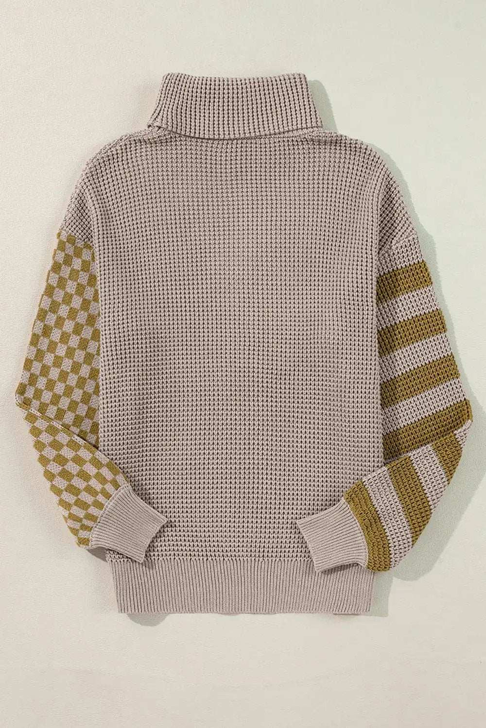 Striped & Checkered Turtleneck Dropped Shoulder Sweater - Trendsi - Flyclothing LLC