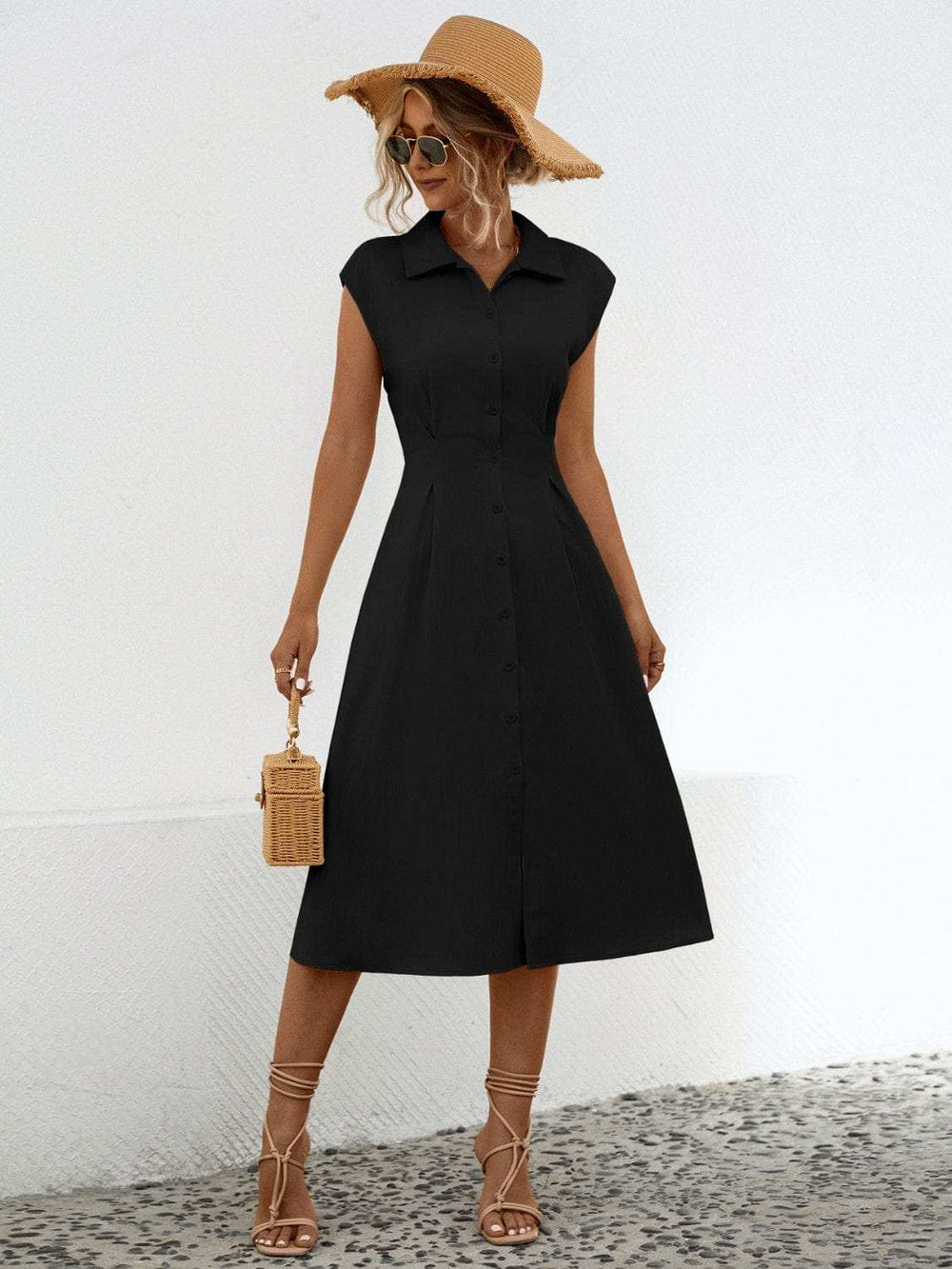 Button Up Cap Sleeve Midi Dress - Trendsi - Flyclothing LLC