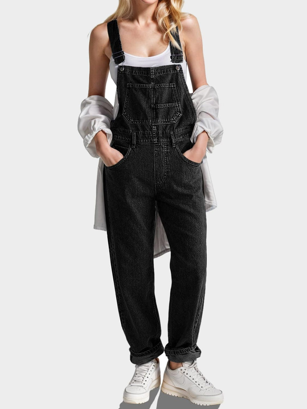 Square Neck Wide Strap Denim Overalls - Trendsi