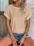 Eyelet Round Neck Short Sleeve T-Shirt - Trendsi - Flyclothing LLC