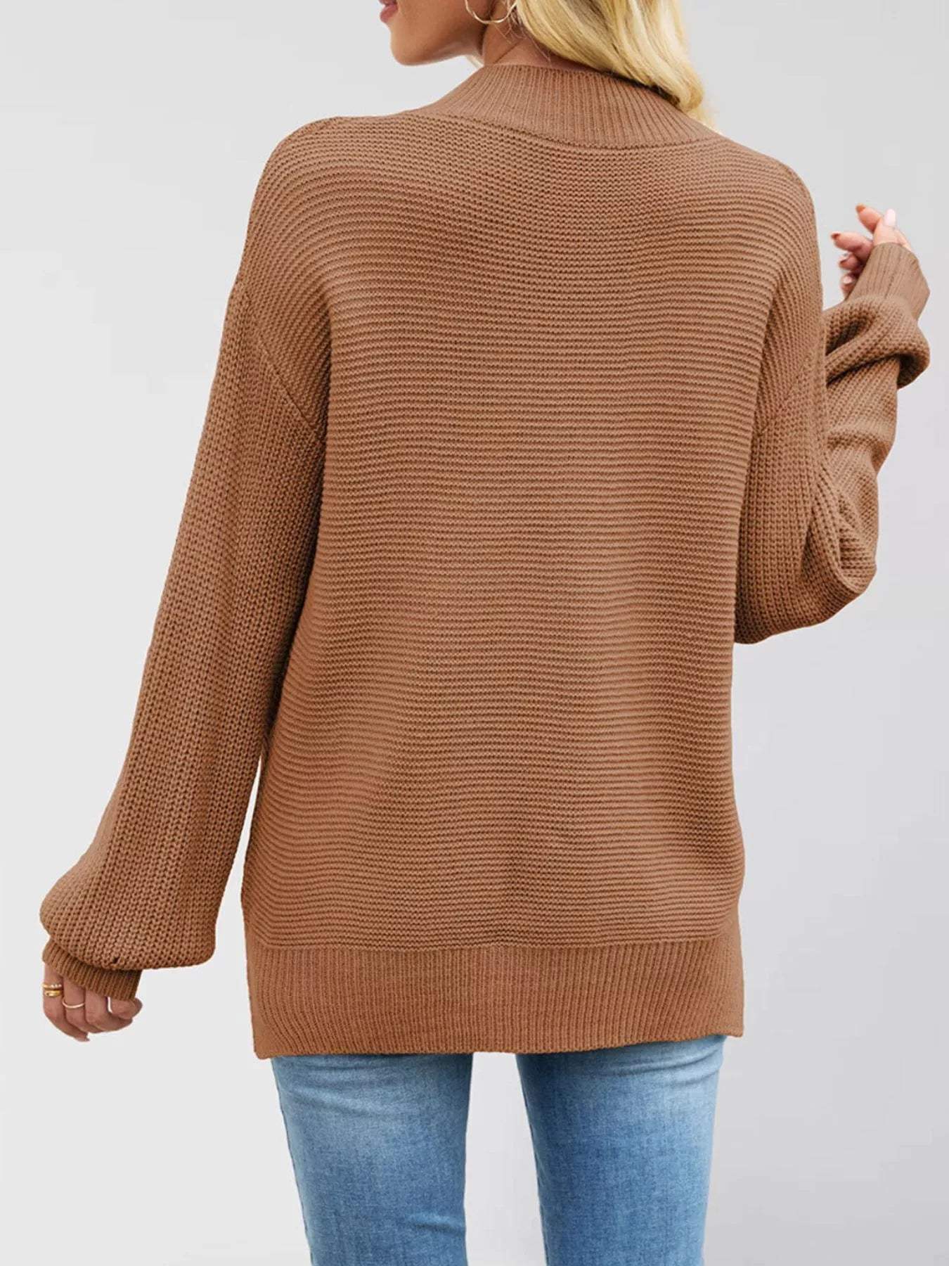Ribbed Mock Neck Drop Shoulder Sweater - Trendsi - Flyclothing LLC