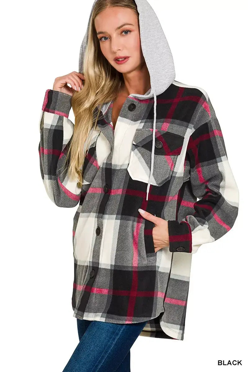 Zenana Plaid Drawstring Hooded Fleece Shacket - Trendsi - Flyclothing LLC