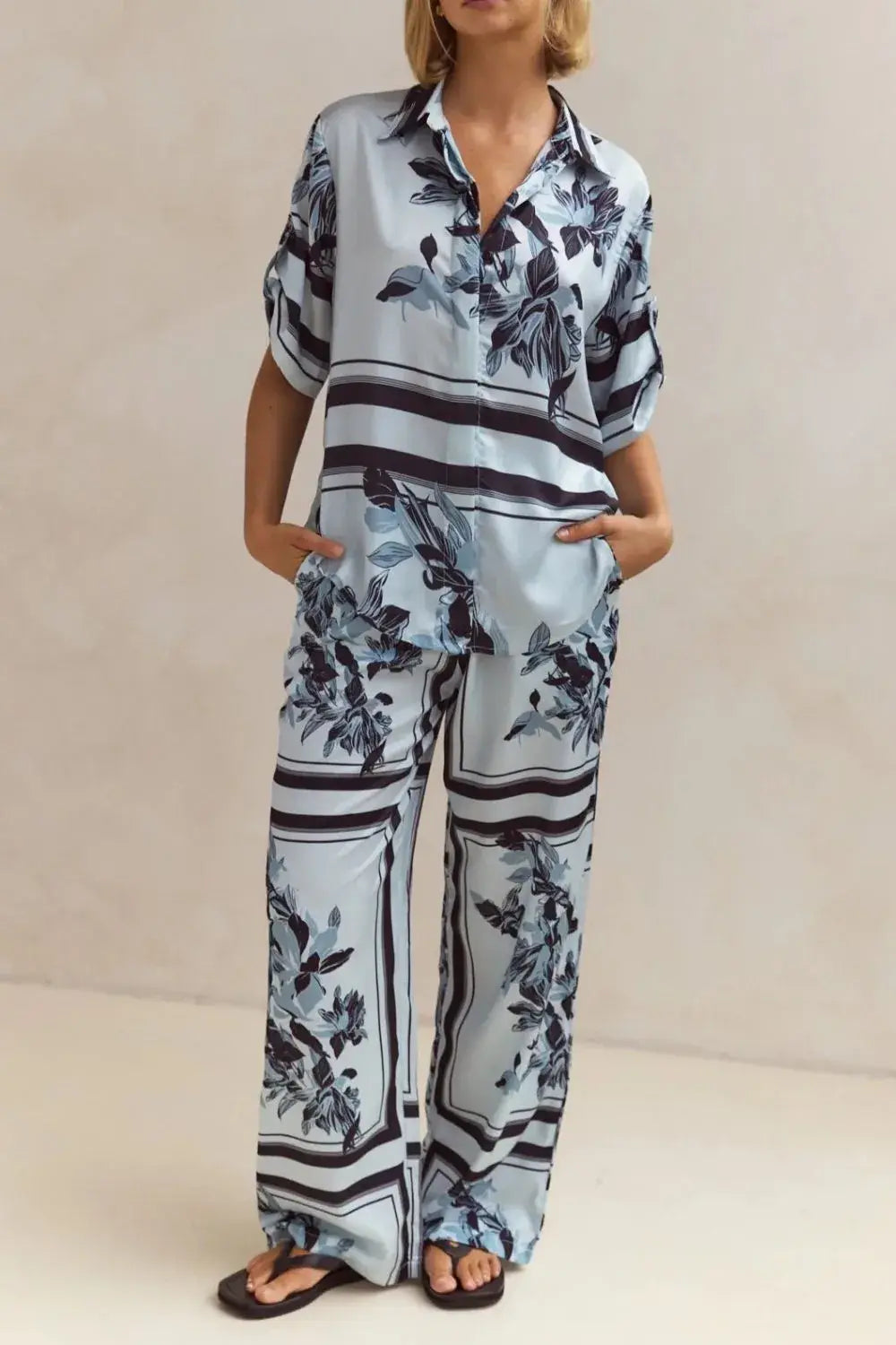 Printed Button Up Shirt and Pants Set - Trendsi - Flyclothing LLC