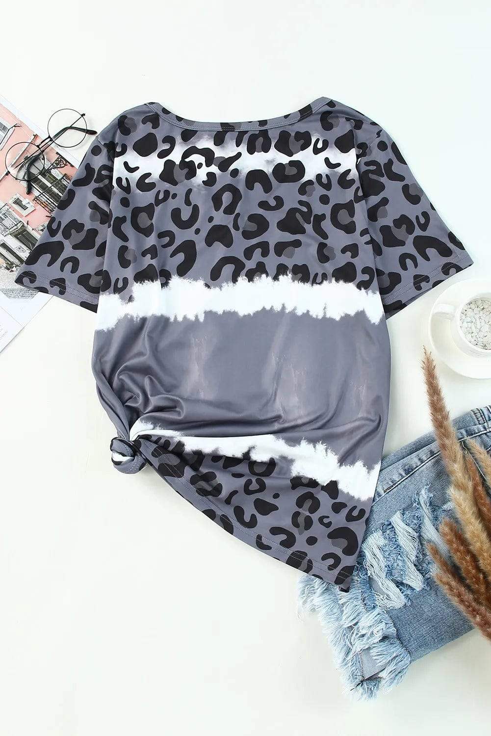 Leopard V-Neck Short Sleeve T-Shirt - Trendsi - Flyclothing LLC