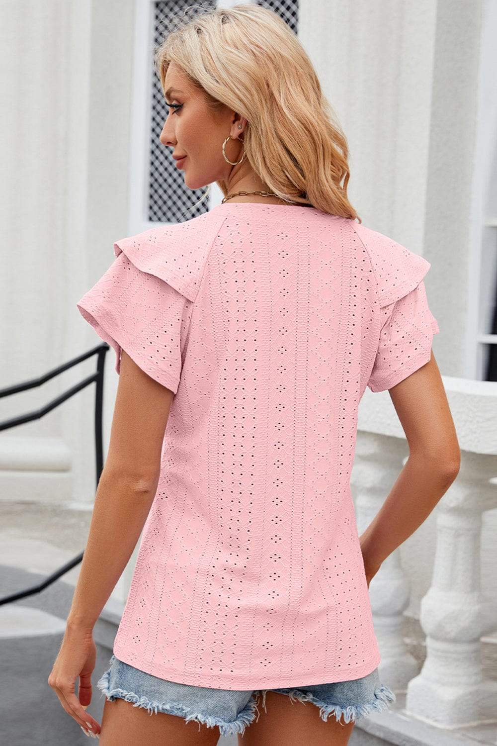 Eyelet Notched Flutter Sleeve T-Shirt - Trendsi - Flyclothing LLC