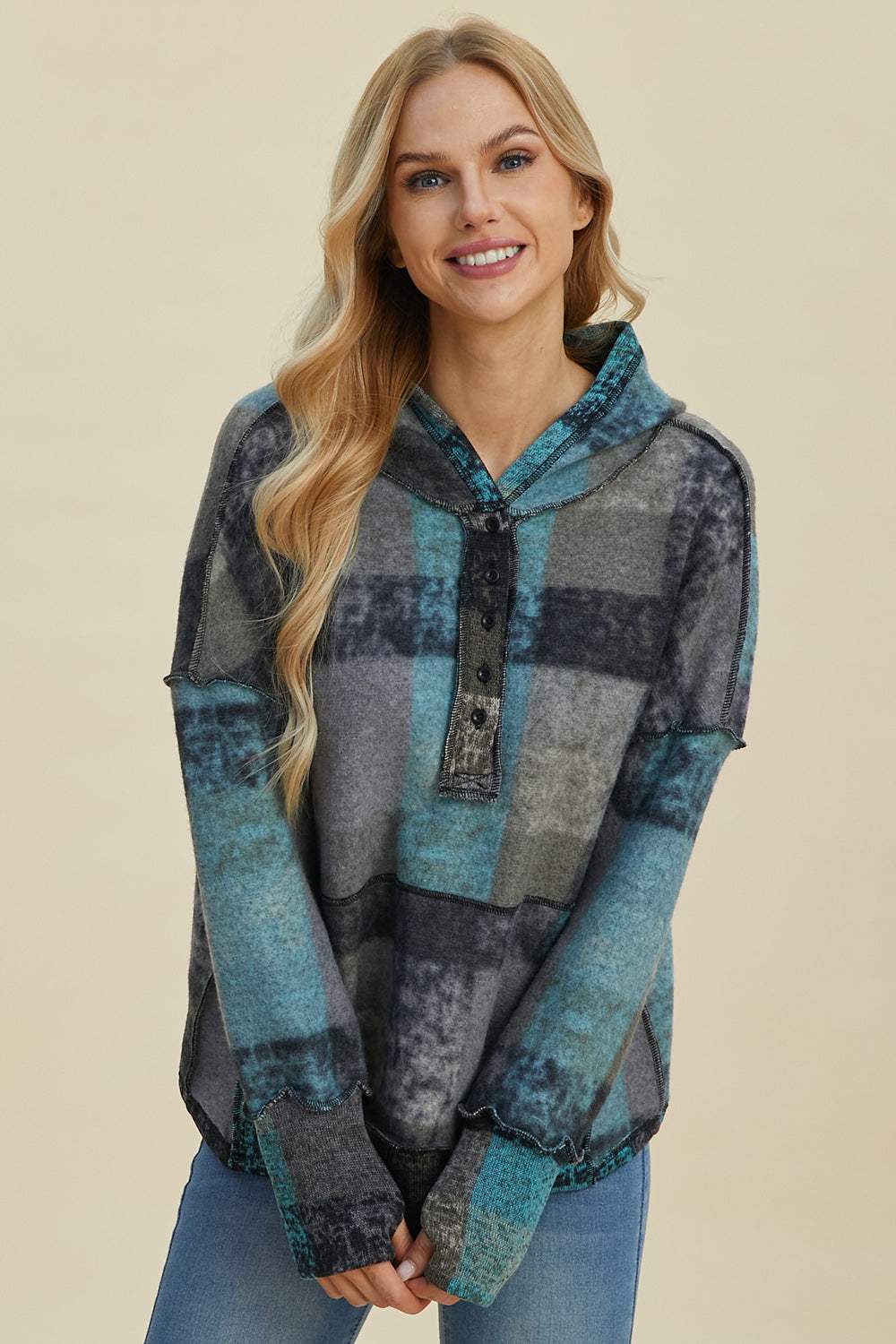 Double Take Full Size Plaid Dropped Shoulder Hoodie - Trendsi - Flyclothing LLC