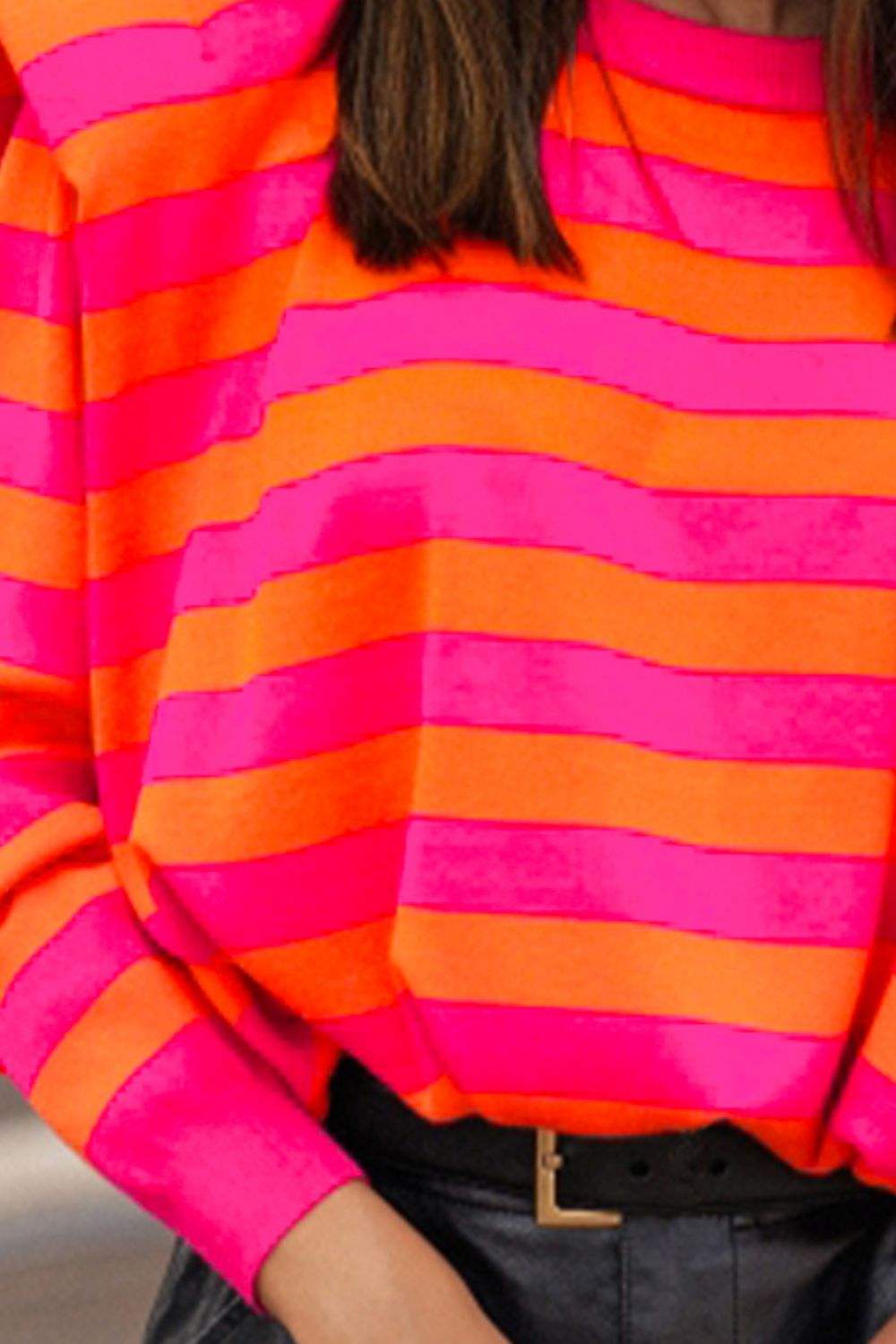 Striped Round Neck Long Sleeve Knit Top - Trendsi - Flyclothing LLC