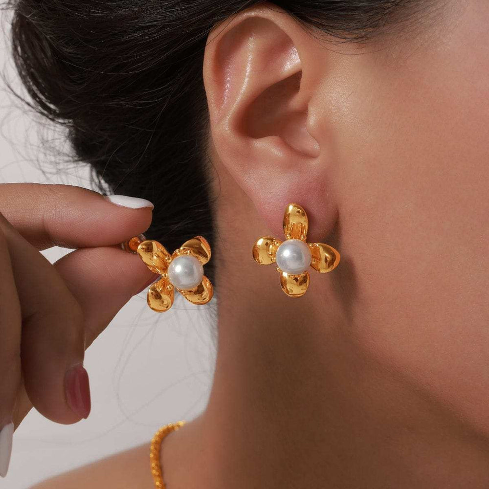 Synthetic Pearl Titanium Steel Flower Earrings - Trendsi - Flyclothing LLC