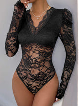 Perfee Lace V-Neck Long Sleeve Bodysuit - Trendsi - Flyclothing LLC