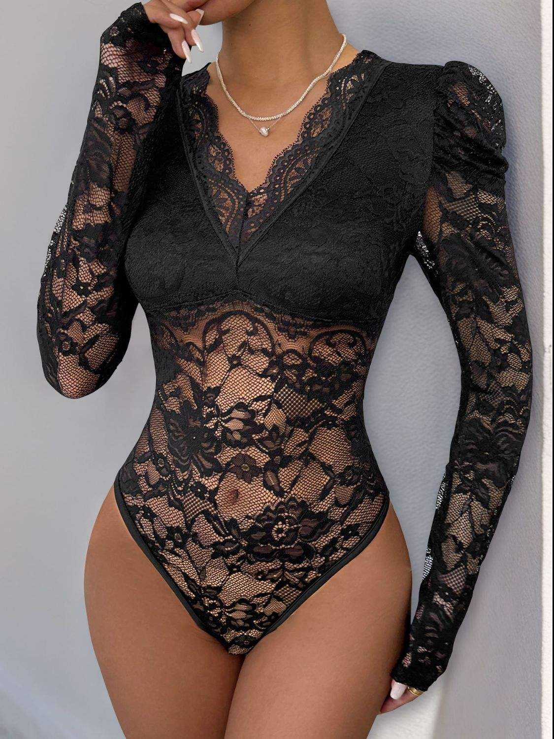 Perfee Lace V-Neck Long Sleeve Bodysuit - Trendsi - Flyclothing LLC