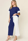 Double Take Full Size Texture Contrast T-Shirt and Wide Leg Pants Set - Trendsi - Flyclothing LLC