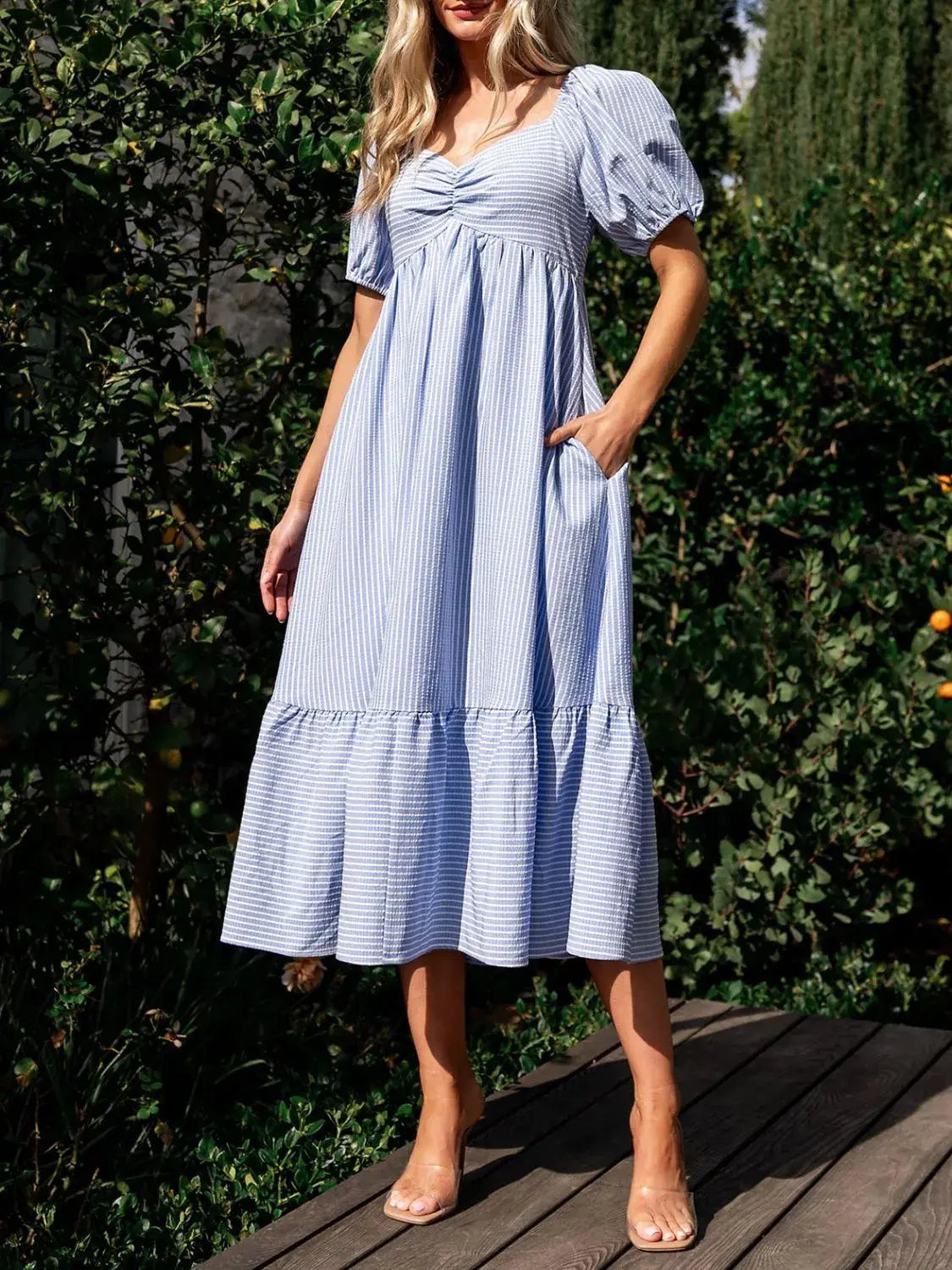 Striped Sweetheart Neck Puff Sleeve Midi Dress - Trendsi - Flyclothing LLC