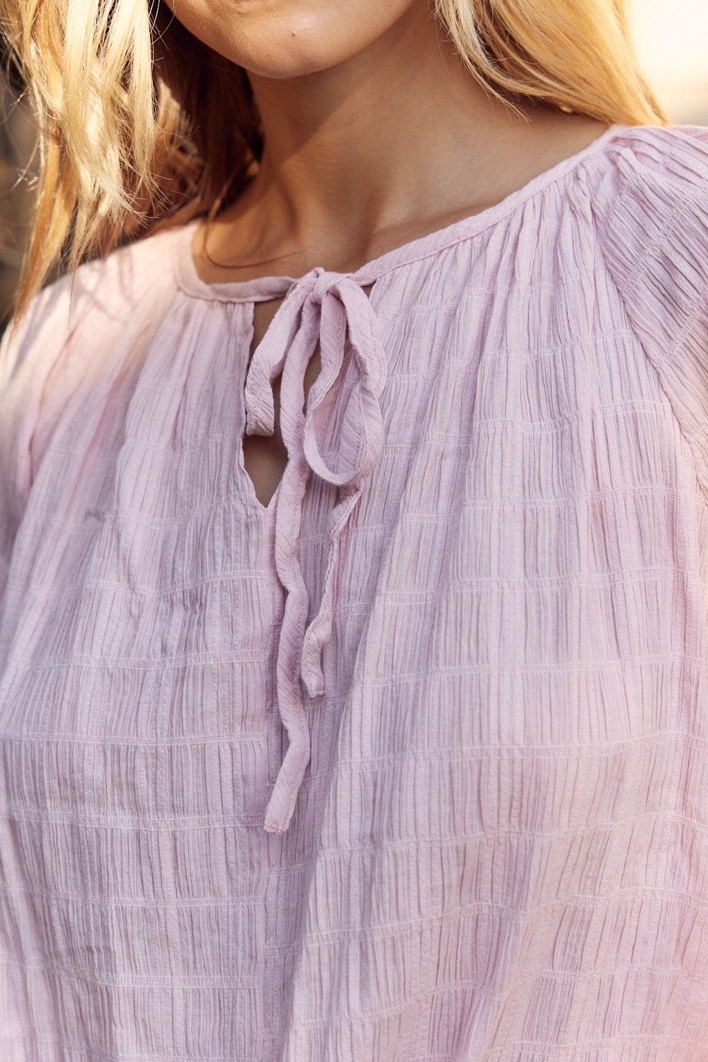 In February Textured Tie Neck Blouse - Trendsi