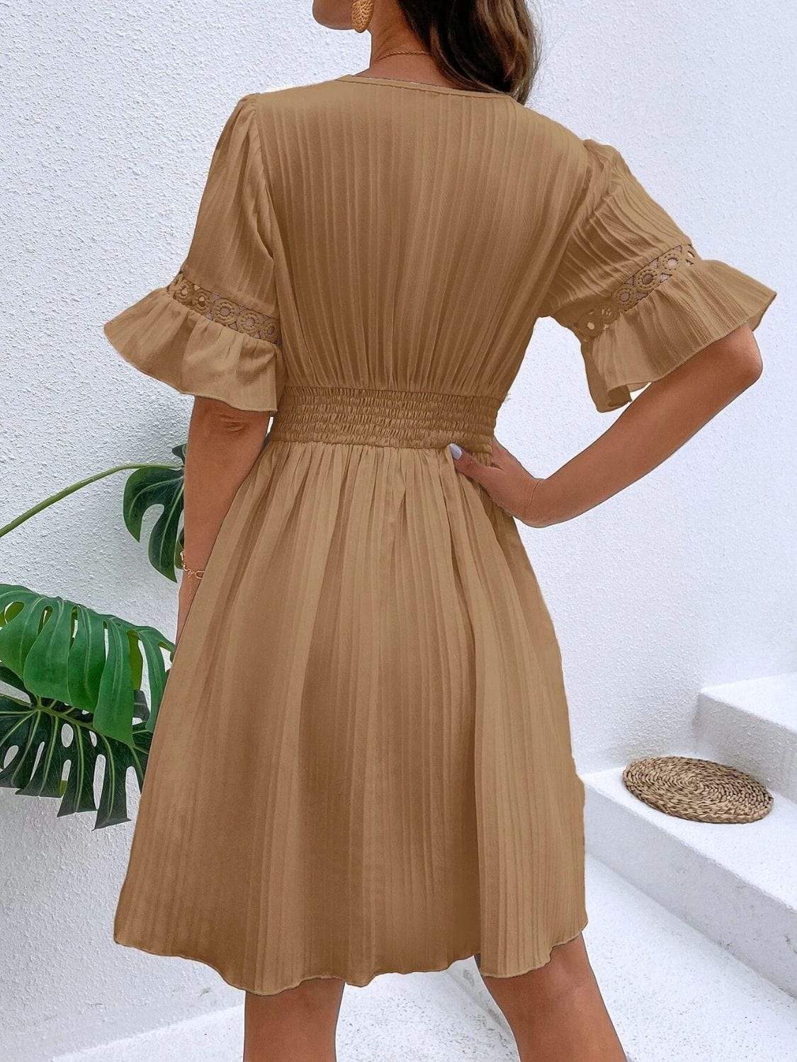 Cutout V-Neck Flounce Sleeve Mini Dress - Trendsi - Flyclothing LLC